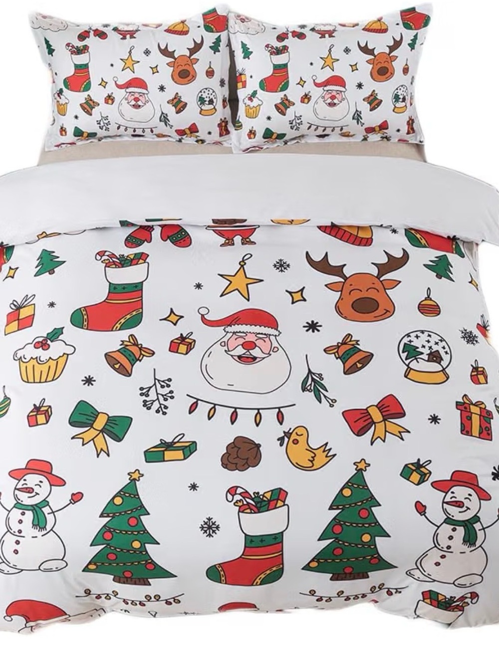 Holiday Cheer Christmas Duvet Cover - White with Red, Green & Brown Motifs